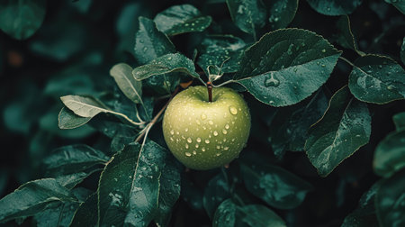 A close-up of a fresh green apple with visible water drops, surrounded by lush green leaves.の素材