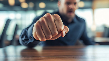 A close-up of a man's clenched fist resting on a desk during a tense argument in an office.の素材