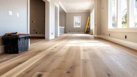 An empty room with newly installed hardwood floors and a toolbox in the corner.の素材