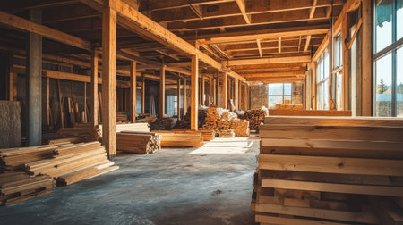 An open-concept space with exposed beams and piles of lumber ready for installation.の素材