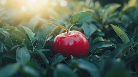 A close-up of a glossy red apple among green leaves, with a soft-focus garden in the background.の素材