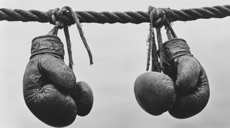 A black-and-white photo of an empty boxing ring with frayed ropes and vintage gloves hanging nearby.の素材