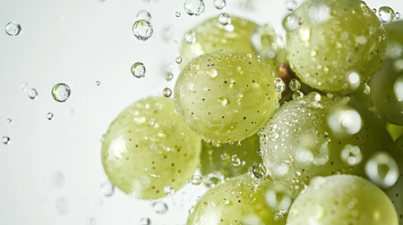 A bunch of green grapes with droplets of water glistening on them, isolated on a bright white background.の素材