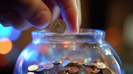 A close-up of a hand inserting a shiny coin into a clear glass piggy bank with coins inside already.の素材