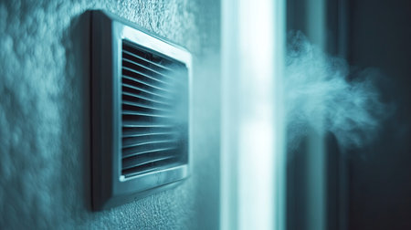 A close-up of an air conditioner vent, showcasing clean air flowing out of a wall-mounted unit in a home.の素材