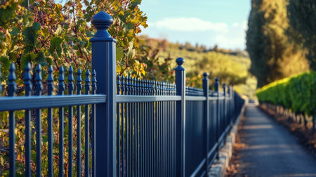 A bleu aluminum fence running alongside a beautiful vineyard, with rows of grapevines stretching into the distance.の素材