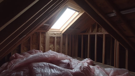 An attic space under construction, with insulation visible and a skylight letting in natural light.の素材