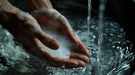 A close-up of hands scrubbing with soap under running water, with the water sparkling and creating ripples in the sink.の素材