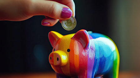A close-up of a hand holding a coin above a colorful piggy bank, ready to add to savings.の素材