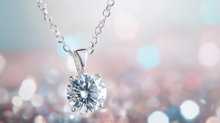 A close-up of a sparkling diamond pendant necklace with a sleek chain, set against a luxurious, soft-focus background.の素材