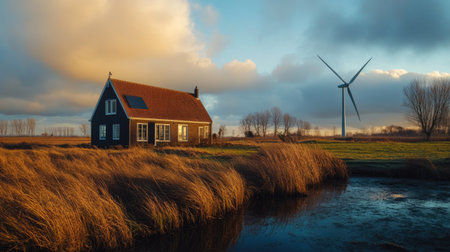Wind turbine spinning in the background while a traditional windmill remains still in a picturesque rural settingの素材