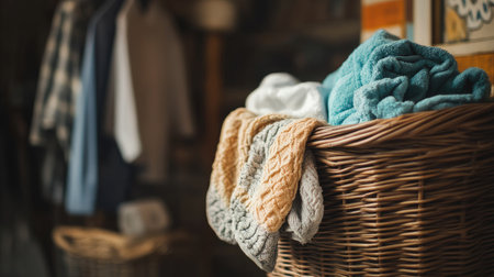 A close-up of a rustic wicker basket filled with laundry, including towels and shirts, placed in a cozy laundry space.の素材