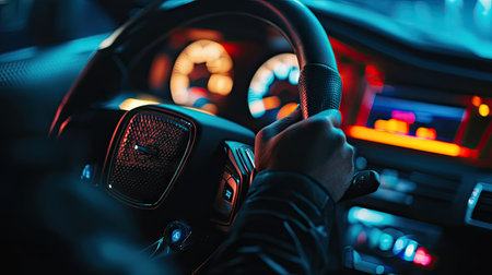A close-up of a hand on a steering wheel, showing the textured grip, with the car's speedometer and dashboard blurred in the background.の素材