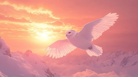 Majestic snowy owl flying across a pink and orange winter sunset, its white feathers glowing in the lightの素材