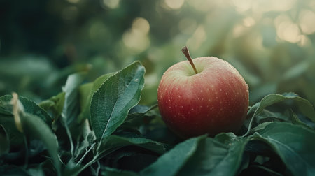 A close-up of a ripe red apple resting on fresh green leaves with blurred foliage in the background.の素材