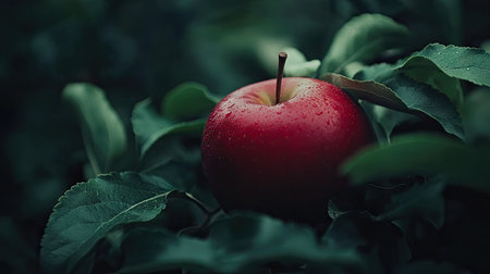 A close-up of a ripe red apple resting on fresh green leaves with blurred foliage in the background.の素材