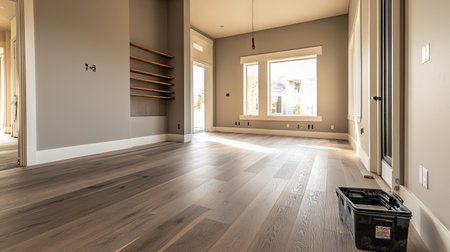 An empty room with newly installed hardwood floors and a toolbox in the corner.の素材