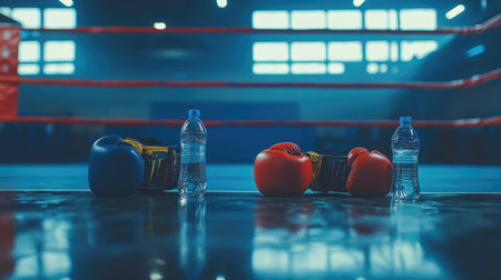 An empty boxing ring surrounded by training gear such as gloves, pads, and water bottles.の素材