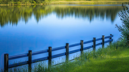 A bleu aluminum fence along the edge of a pristine lake, reflecting the clear blue sky and the surrounding nature.の素材