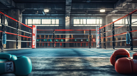 An empty boxing ring surrounded by training gear such as gloves, pads, and water bottles.の素材