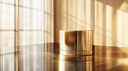 A close-up of a golden pedestal with a reflective surface, displaying an elegant product against a minimalist backdrop.の素材