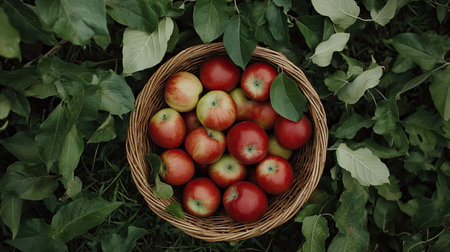 A basket filled with ripe red apples surrounded by green leaves, placed outdoors on grass.の素材