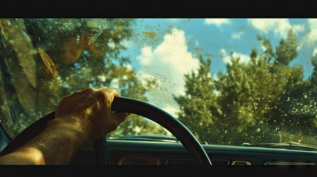 A close-up of a hand holding the steering wheel, with the reflection of trees and sky visible on the windshield.の素材
