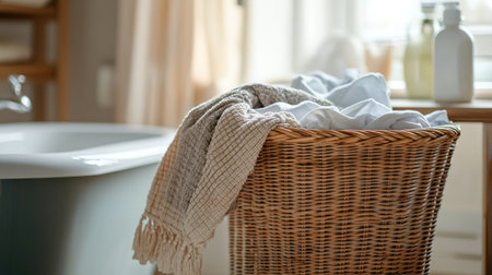 A close-up of a wooden wicker basket with clothes spilling over the top, positioned near a vintage laundry tub with soap and fabric softener.の素材