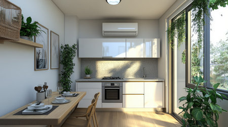 A clean and stylish kitchen with a wall-mounted air conditioner providing a cool atmosphere, with plants on the countertop.の素材