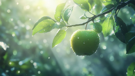 A close-up of a green apple on a branch with water drops, framed by fresh leaves and soft sunlight.の素材
