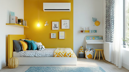 A child's bedroom with bright decor and a wall-mounted air conditioner providing cooling for a good night's sleep.の素材