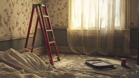 A bedroom with a ladder, a paint tray, and fresh primer on the walls during remodeling.の素材