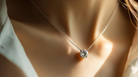 A close-up of a natural diamond pendant necklace on a woman's neck, sparkling beautifully with soft-focus background.の素材