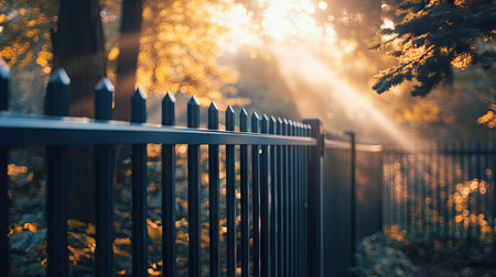 A close-up of a bleu aluminum fence with sleek, modern design, standing amidst a scenic forest with rays of sunlight filtering through.の素材