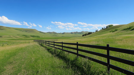 A bleu aluminum fence surrounded by rolling hills and green pastures, with a bright blue sky above and a few scattered clouds.の素材