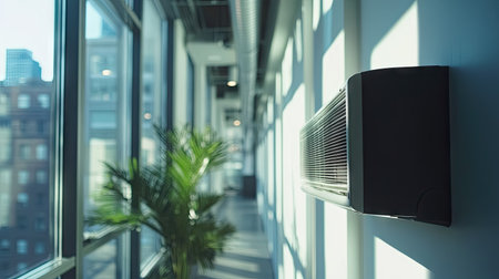 A close-up of a wall-mounted air conditioner in a bright office space, with natural light streaming through the windows.の素材