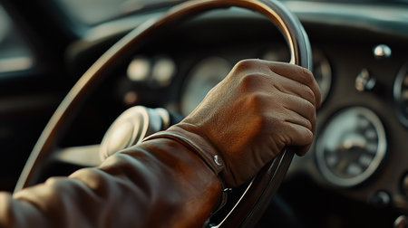 A close-up of a hand gripping a leather steering wheel, with focus on the hands and the road ahead blurred in the background.の素材