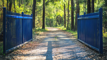 A bleu aluminum fence framing a path through a forest, with dappled sunlight casting shadows on the ground.の素材