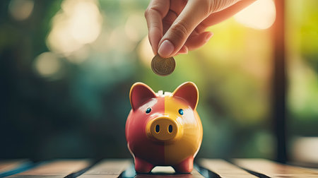 A close-up of a hand holding a coin above a colorful piggy bank, ready to add to savings.の素材