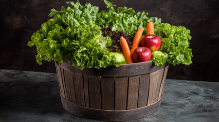 A close-up of a wooden basket overflowing with fresh produce, including vibrant green lettuce, carrots, and juicy apples.の素材