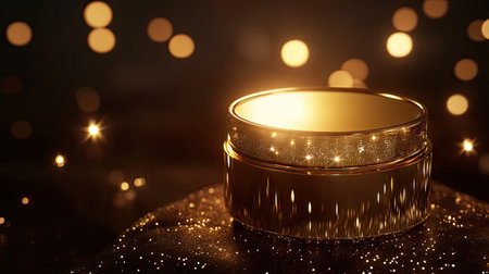 A close-up of a luxurious golden pedestal, with a fine product displayed on top, glowing under soft spotlighting.の素材