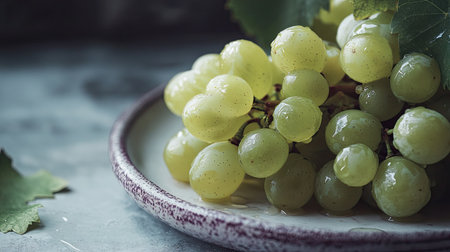A close-up of a perfectly ripe green grape cluster, isolated on a smooth white surface for a clean look.の素材