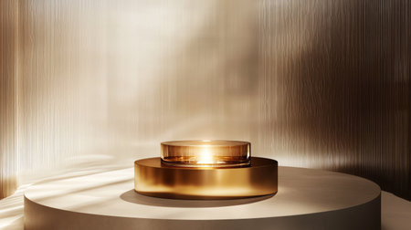 A close-up of a product showcased on a luxurious golden pedestal, illuminated by soft spotlighting in a minimalist setting.の素材