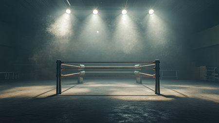 A boxing ring in an empty gym, ropes glowing under soft spotlights with a minimalistic setup.の素材