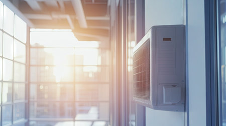 A close-up of a wall-mounted air conditioner in a bright office space, with natural light streaming through the windows.の素材