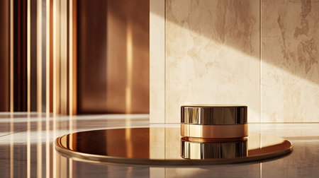 A close-up of a golden pedestal with a reflective surface, displaying an elegant product against a minimalist backdrop.の素材