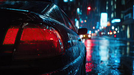 A close-up of flashing red and blue lights from a police car parked on a dimly lit street corner in the city at night.の素材