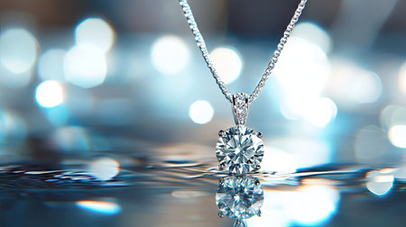 A close-up of a luxury natural diamond pendant necklace placed on a reflective surface with a blurred background.の素材