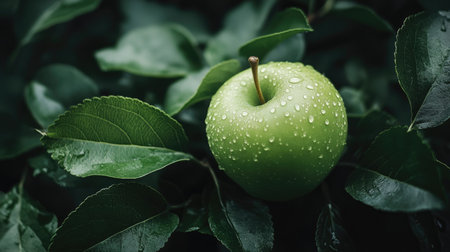 A close-up of a fresh green apple with visible water drops, surrounded by lush green leaves.の素材