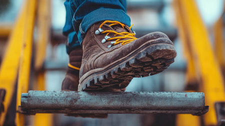 A close-up of a man's safety shoe stepping onto a metal ladder rung, emphasizing safety and precision.の素材